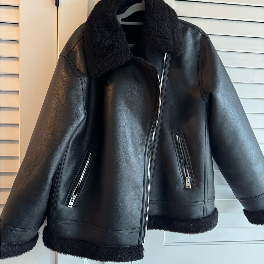 Mango Biker Jacket Shearling Effect Lining - image 4